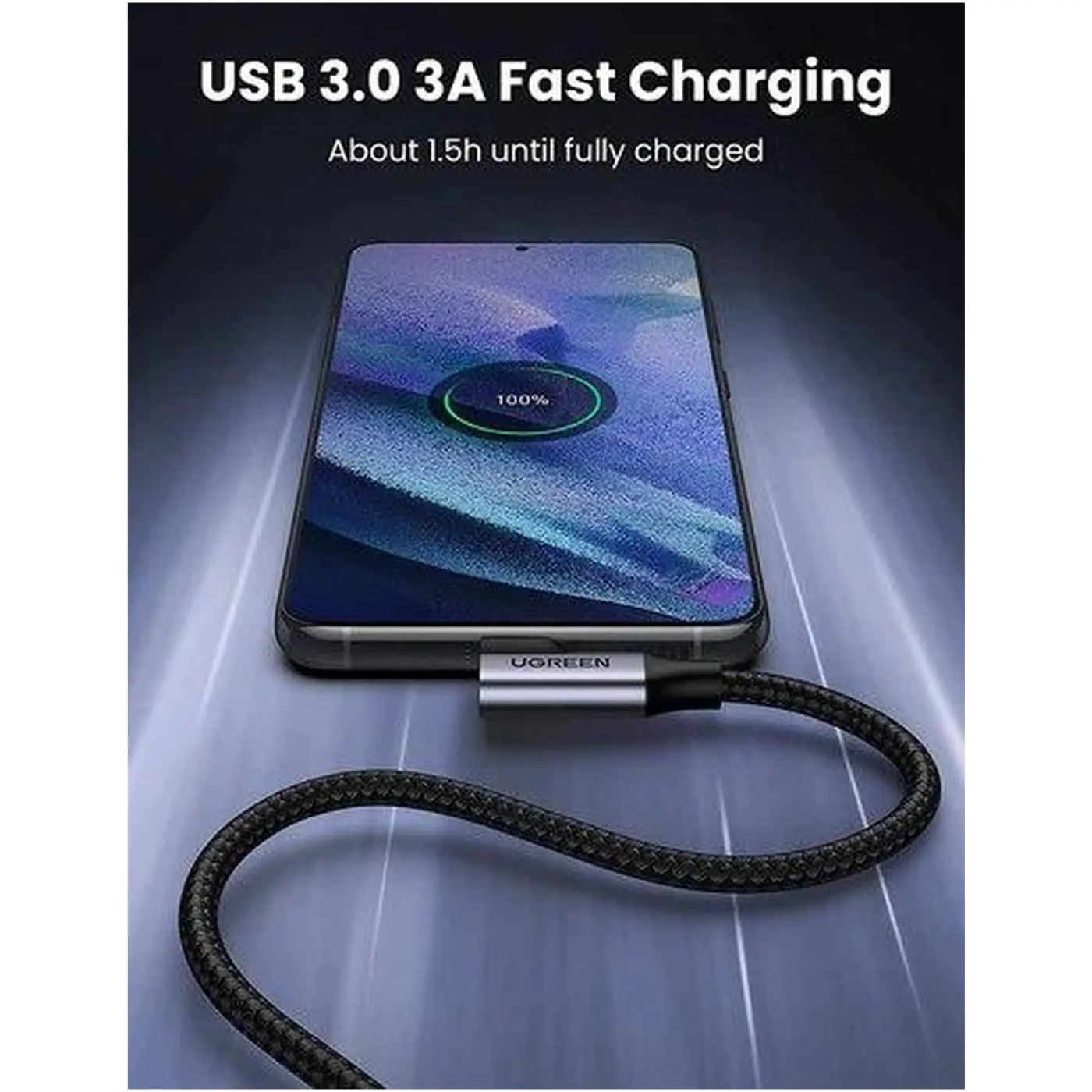 Купить Кабель UGREEN US385 USB-A Male to USB-C Male 3.0 3A 90-Degree Angled Cable 1m Black (20299) - фото 3
