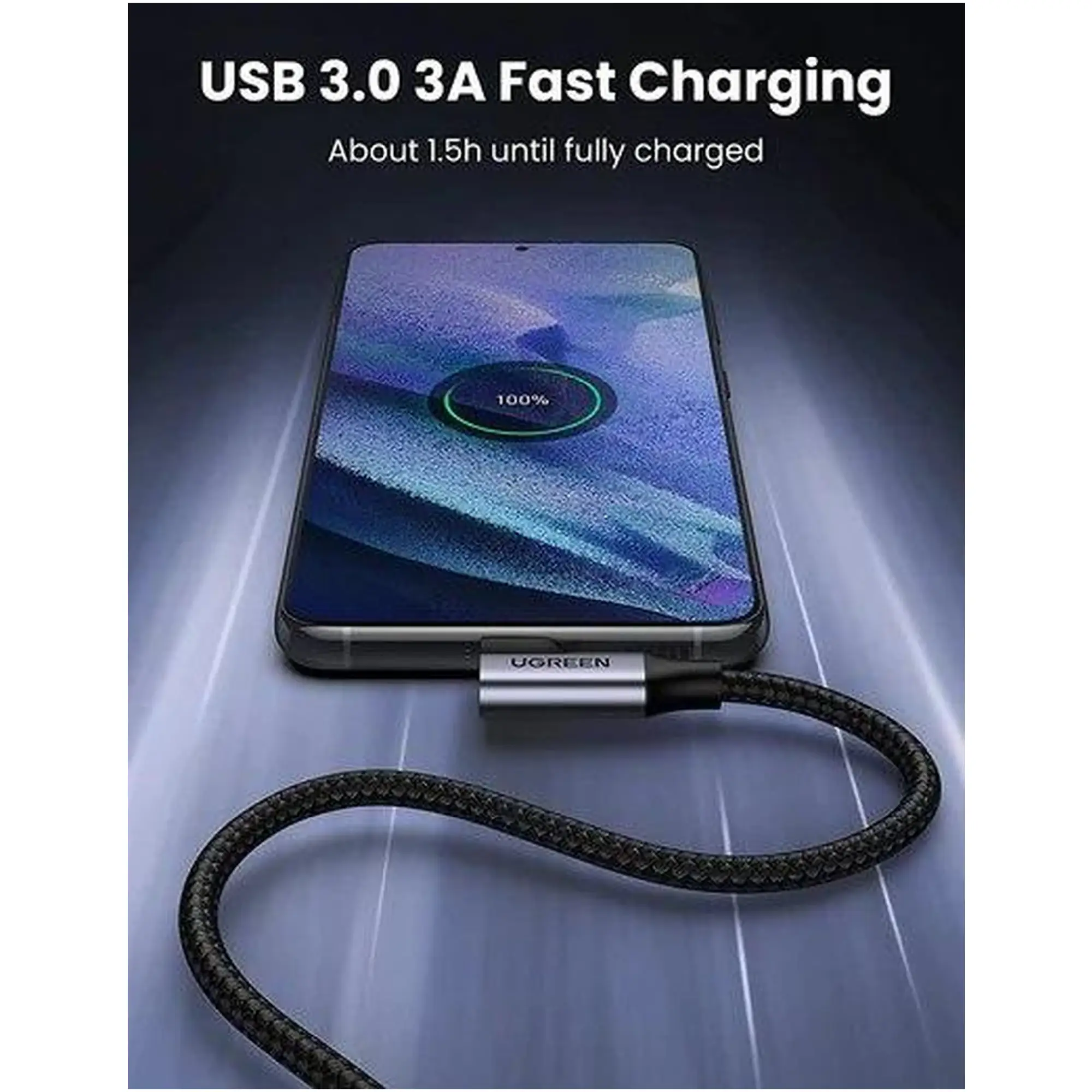 Купить Кабель UGREEN US385 USB-A Male to USB-C Male 3.0 3A 90-Degree Angled Cable 1m Black (20299) - фото 3