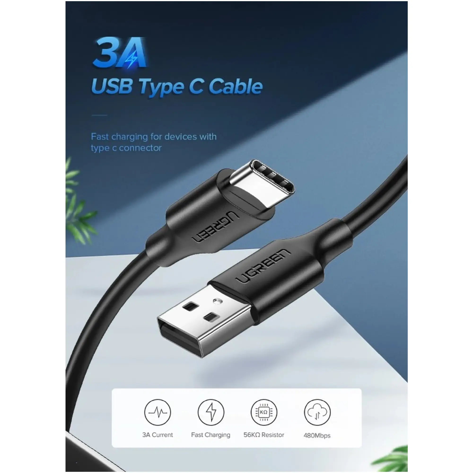 Купить Кабель UGREEN US287 USB 2.0 AM-Type-C 0.5m 60W Nickel Plating Black (60115) - фото 2