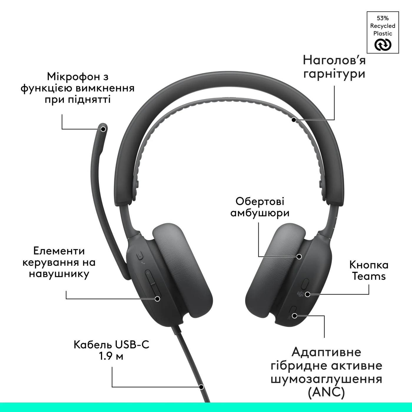 Купити Навушники Logitech Zone Wired 2 for Business USB Graphite TEAMS version (981-001615) - фото 10