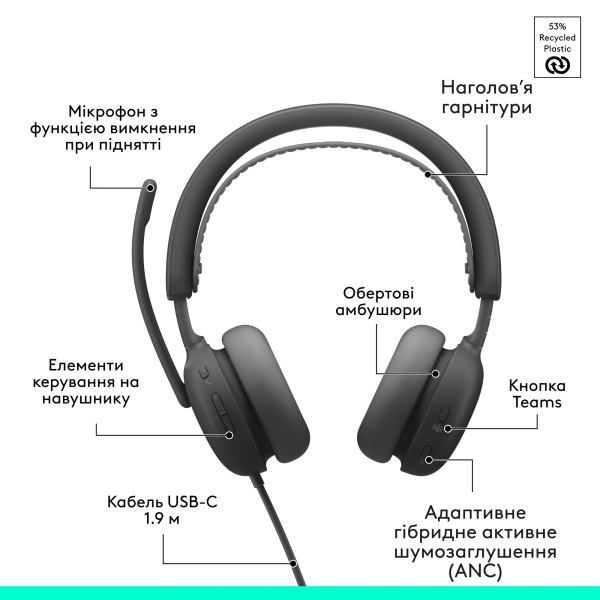Купити Навушники Logitech Zone Wired 2 for Business USB Graphite TEAMS version (981-001615) - фото 10