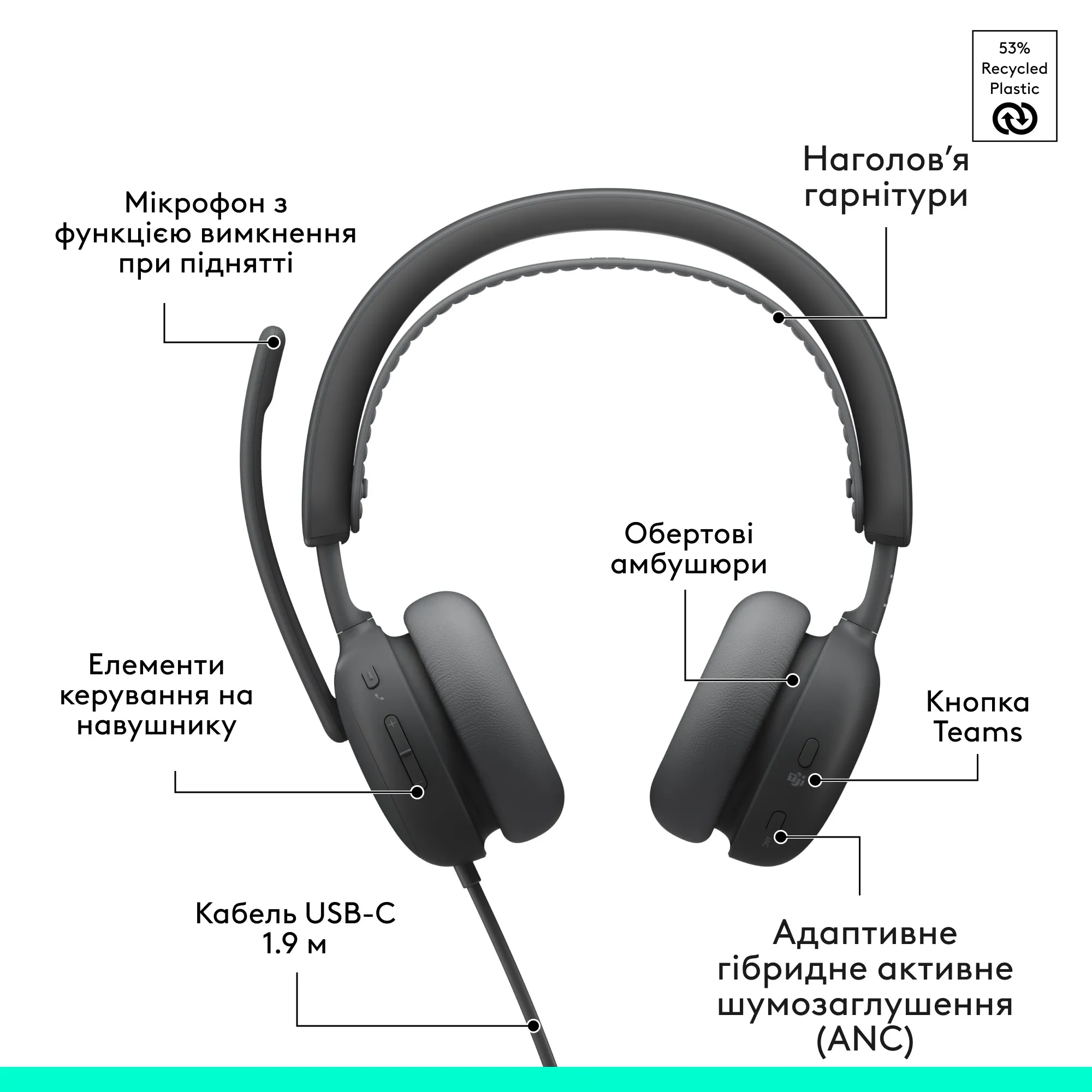 Купити Навушники Logitech Zone Wired 2 for Business USB Graphite TEAMS version (981-001615) - фото 10
