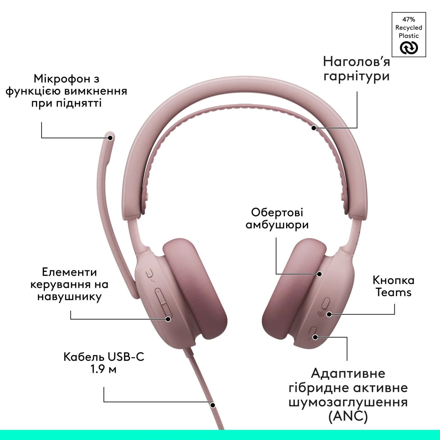 Купити Навушники Logitech Zone Wired 2 for Business USB Rose TEAMS version (981-001616) - фото 10