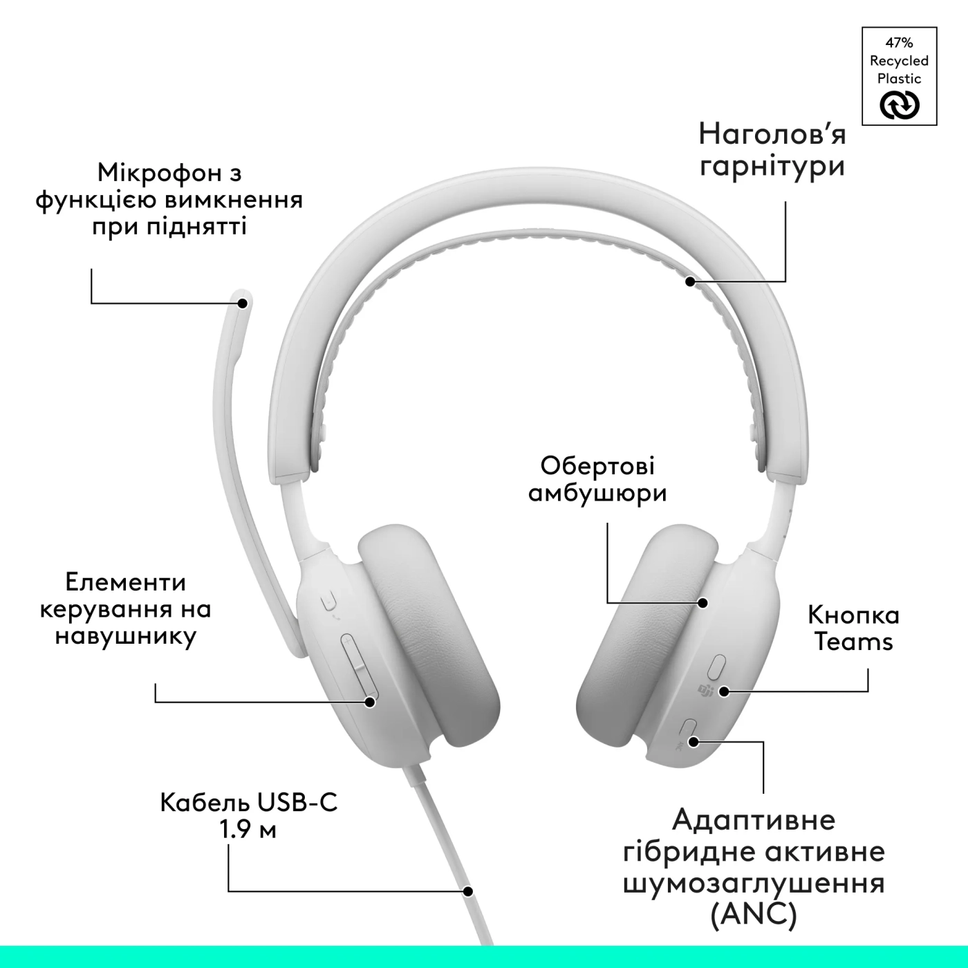 Купити Навушники Logitech Zone Wired 2 for Business USB Off-White TEAMS version (981-001617) - фото 10
