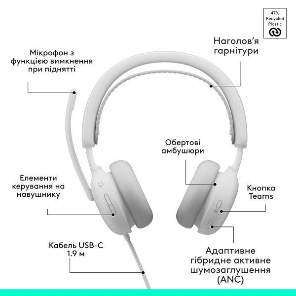 Купити Навушники Logitech Zone Wired 2 for Business USB Off-White TEAMS version (981-001617) - фото 10