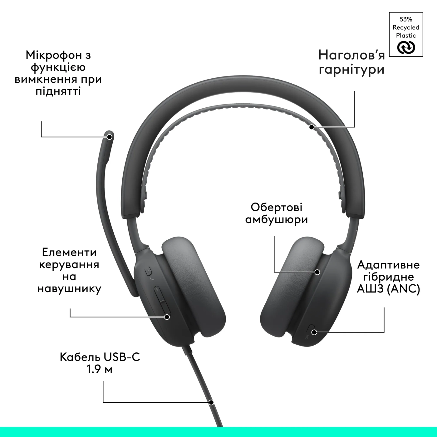 Купити Навушники Logitech Zone Wired 2 for Business USB Graphite UC version (981-001618) - фото 10