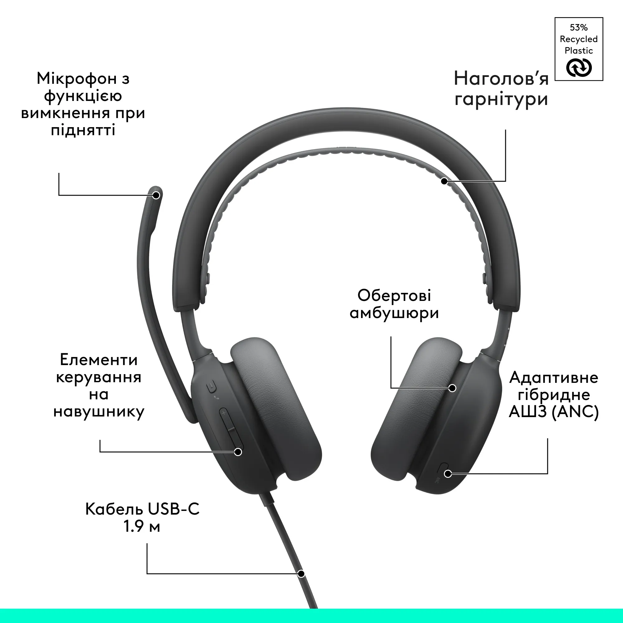 Купити Навушники Logitech Zone Wired 2 for Business USB Graphite UC version (981-001618) - фото 10