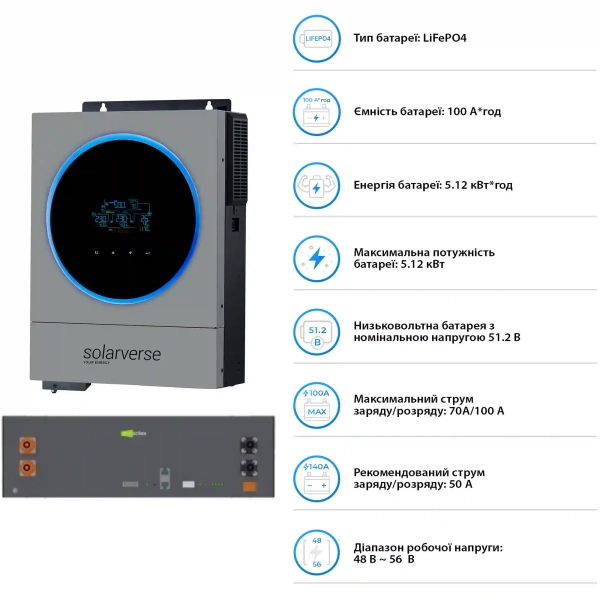 Купить Система хранения энергии Solarverse SV-1SV6K1-LES5.1K1 6kW 5.1kWh 1BAT LiFePO4 ≥6000 циклов (SV-1SV6K1-LES5.1K1) - фото 5