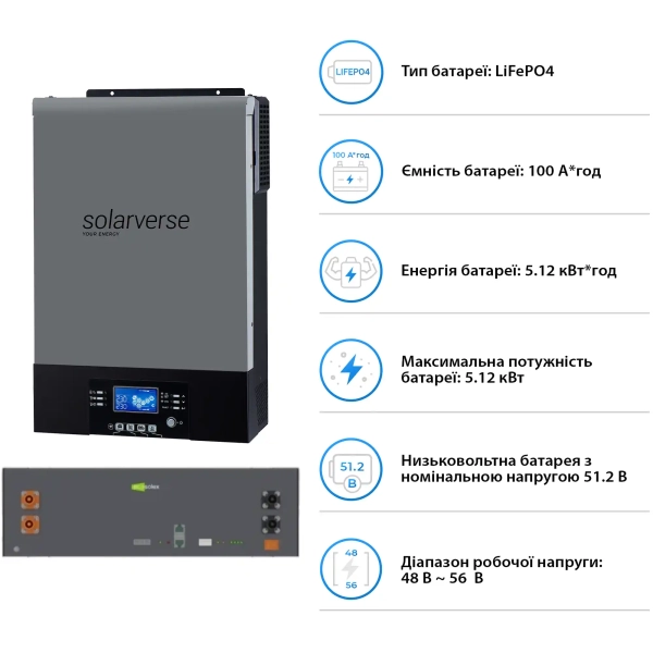 Купить Система хранения энергии Solarverse SV-1SV6K2-LES5.1K1 6kW 5.1kWh 1BAT LiFePO4 ≥6000 циклов (SV-1SV6K2-LES5.1K1) - фото 5