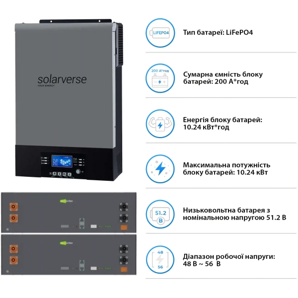 Купить Система хранения энергии Solarverse SV-1SV6K2-LES10.2K1 6kW 10.2kWh 2BAT LiFePO4 6000 циклов (SV-1SV6K2-LES10.2K1) - фото 5