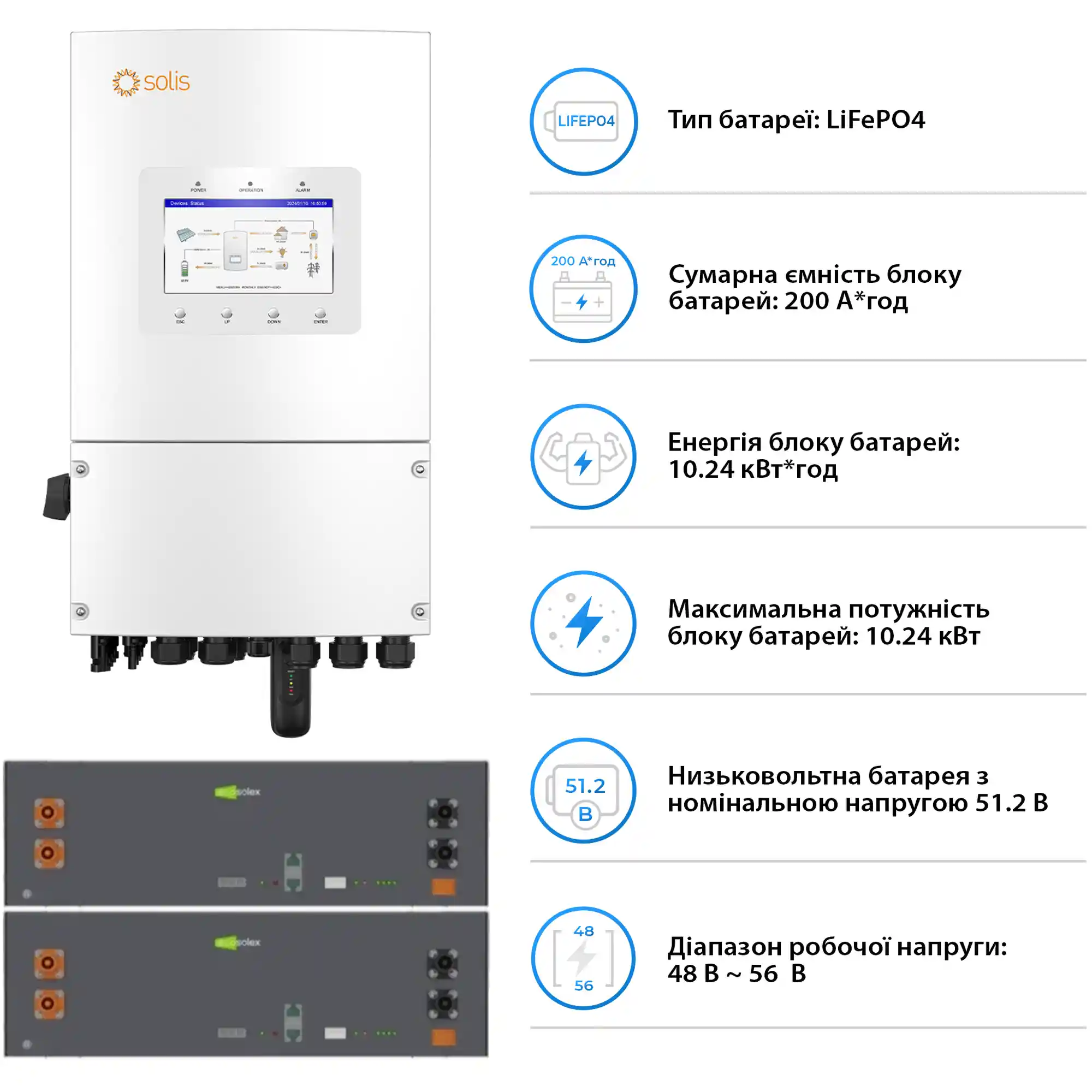 Купить Система хранения энергии Solis SV-1SL8K1-LES10.2K1 8kW 10.2kWh 2BAT LiFePO4 6000 циклов (SV-1SL8K1-LES10.2K1) - фото 5
