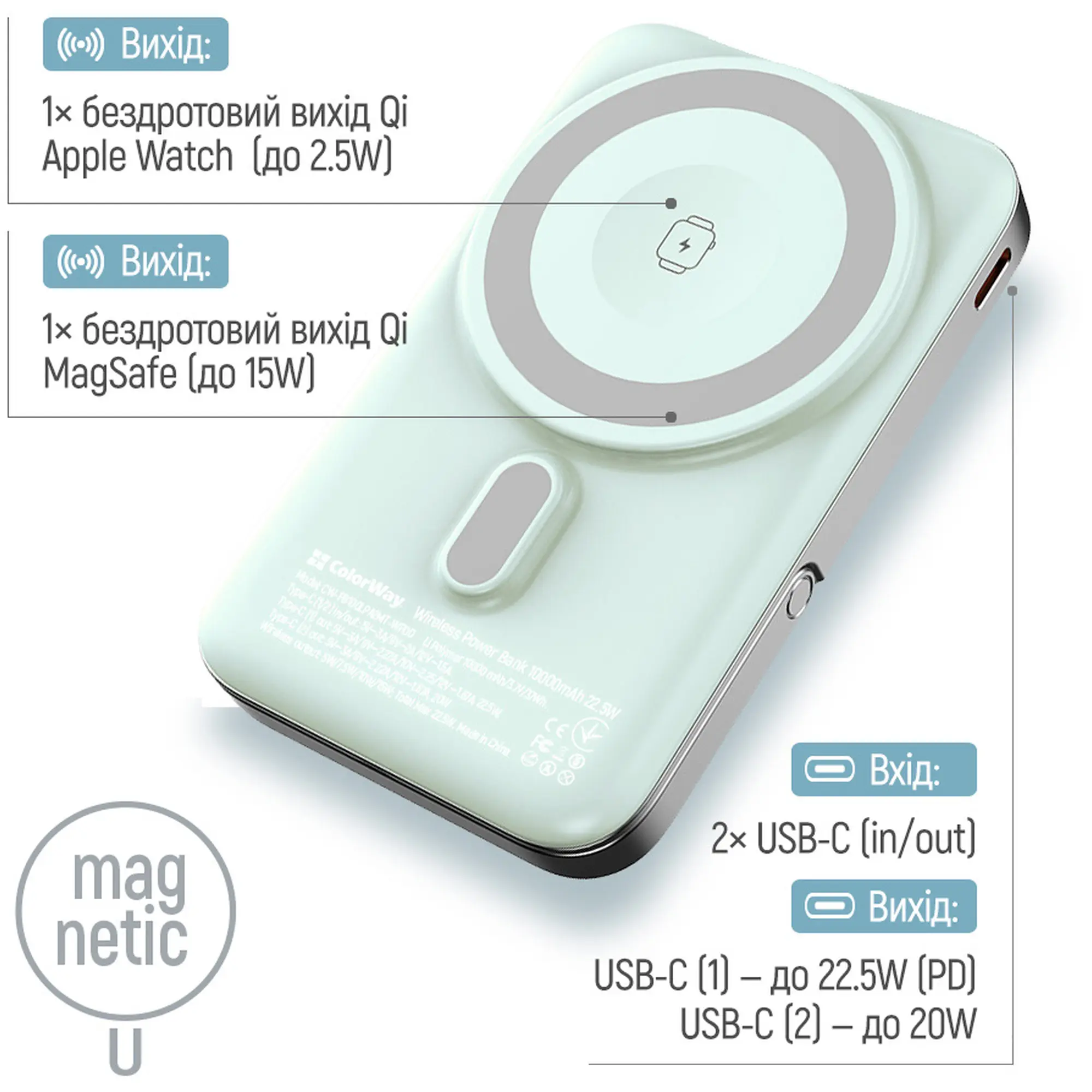 Купить Повербанк УМБ ColorWay 10000mAh 22.5W Aquamarine (CW-PB100LPA2MT-WPDD) - фото 7