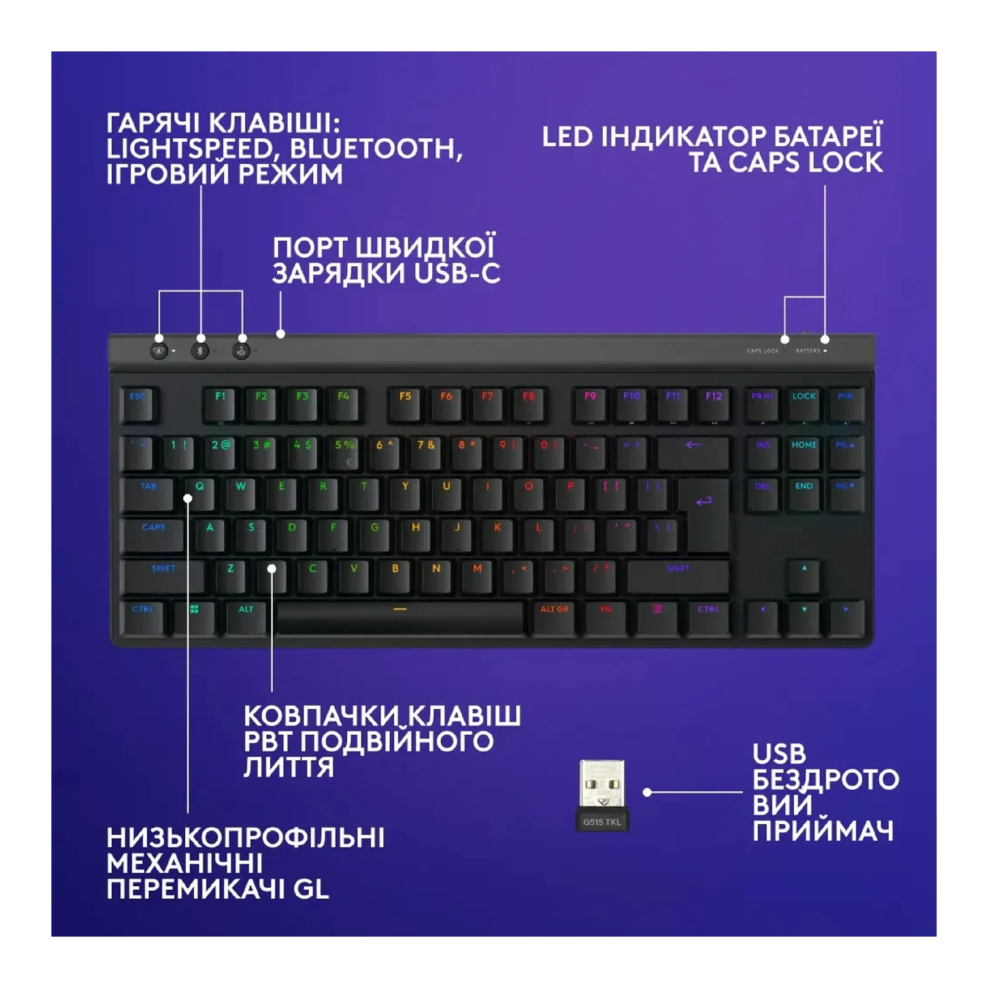 Купити Клавіатура Logitech G515 TKL Lightspeed Tactile Bluetooth UA Black (920-012538) - фото 6