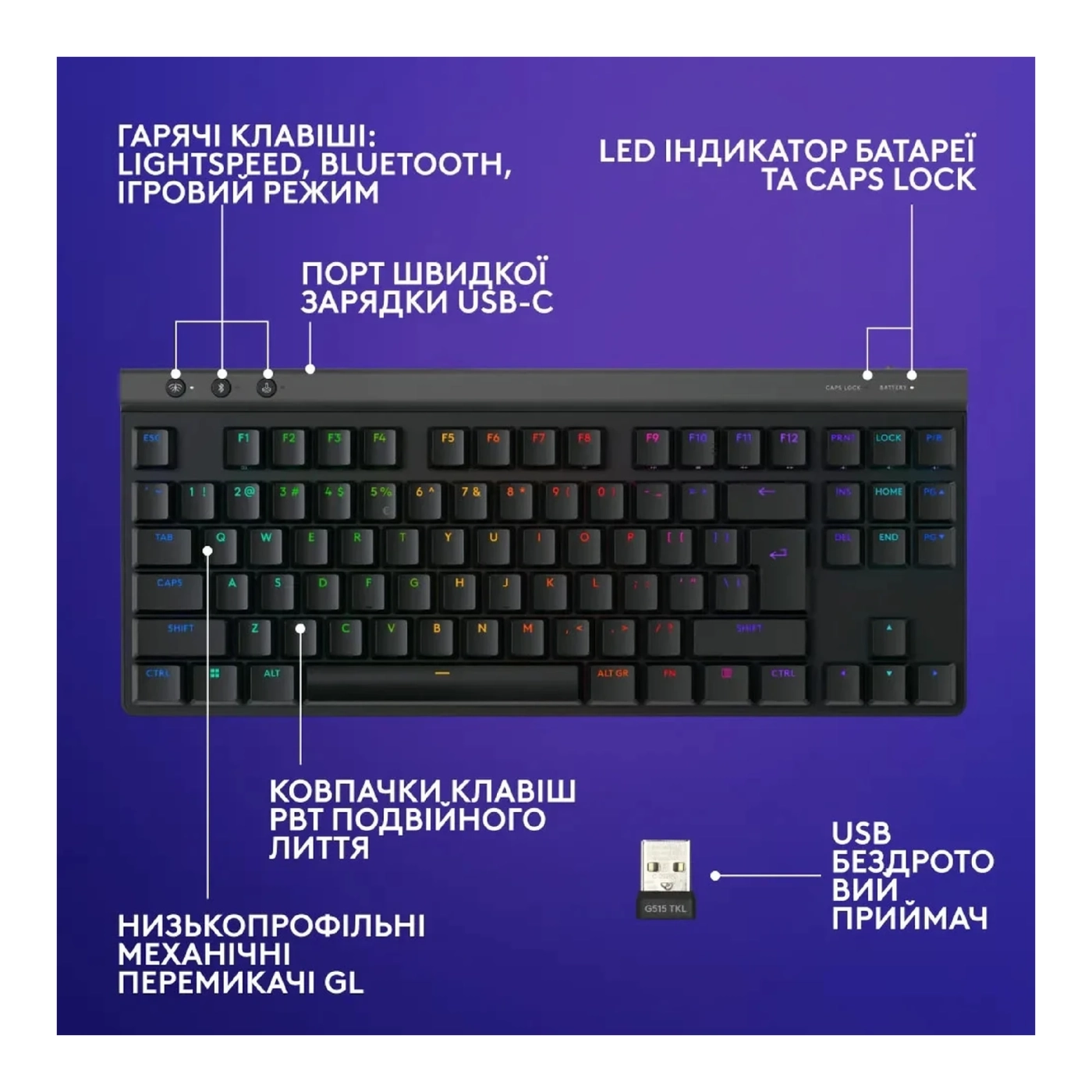Купити Клавіатура Logitech G515 TKL Lightspeed Tactile Bluetooth UA Black (920-012538) - фото 6