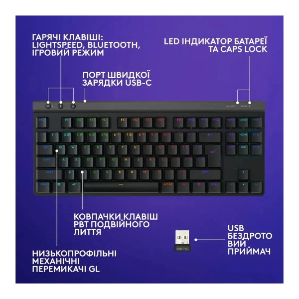 Купити Клавіатура Logitech G515 TKL Lightspeed Tactile Bluetooth UA Black (920-012538) - фото 6