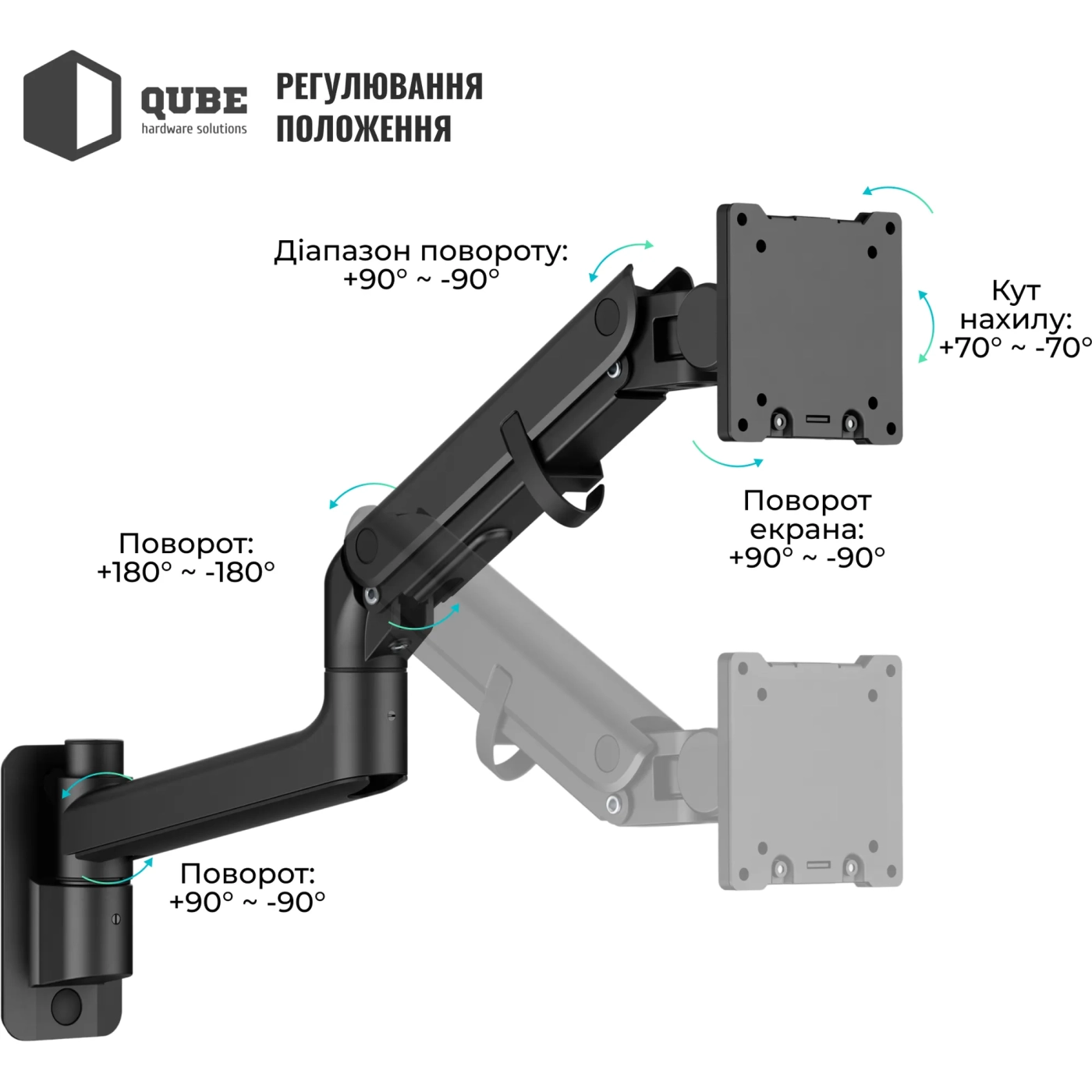 Купить Крепление для монитора (кронштейн) Qube 5727GB.Wall до 57" 2-27 кг, газовая пружина - фото 5