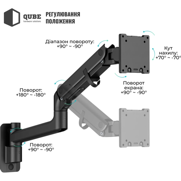 Купить Крепление для монитора (кронштейн) Qube 5727GB.Wall до 57" 2-27 кг, газовая пружина - фото 5