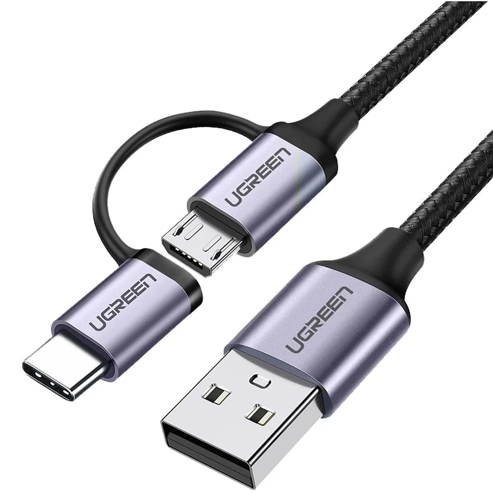 Купить Кабель UGREEN US177 USB 2.0 to MicroUSB + USB Type-C 3A 1m Black (30875) - фото 1