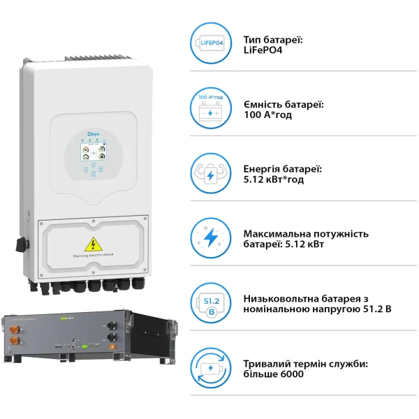 Купить Система хранения энергии DEYE SV-1DE6K2-LEC5K1-1 6kW 5.1kWh 1BAT LiFePO4 ≥6000 циклов (SV-1DE6K2-LEC5K1-1) - фото 5
