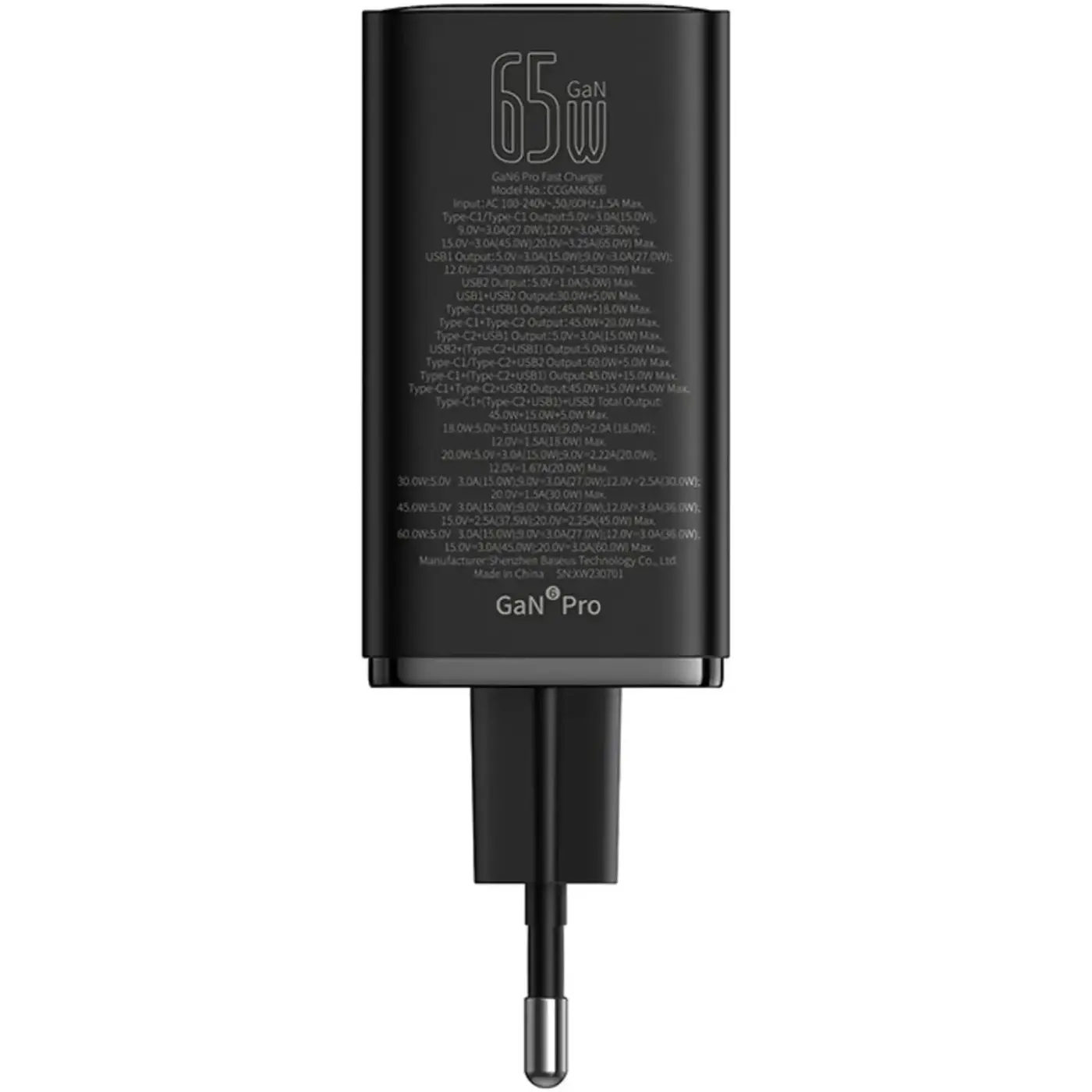 Купити Зарядний пристрій Baseus GaN6 Pro Fast Charger 2USB-C+2USB 65W EU ClusterBlack + кабель USB-C 100W 20V/5A 1m Black (P10162701113-00) - фото 3