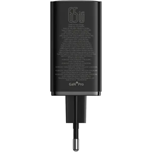 Купити Зарядний пристрій Baseus GaN6 Pro Fast Charger 2USB-C+2USB 65W EU ClusterBlack + кабель USB-C 100W 20V/5A 1m Black (P10162701113-00) - фото 3