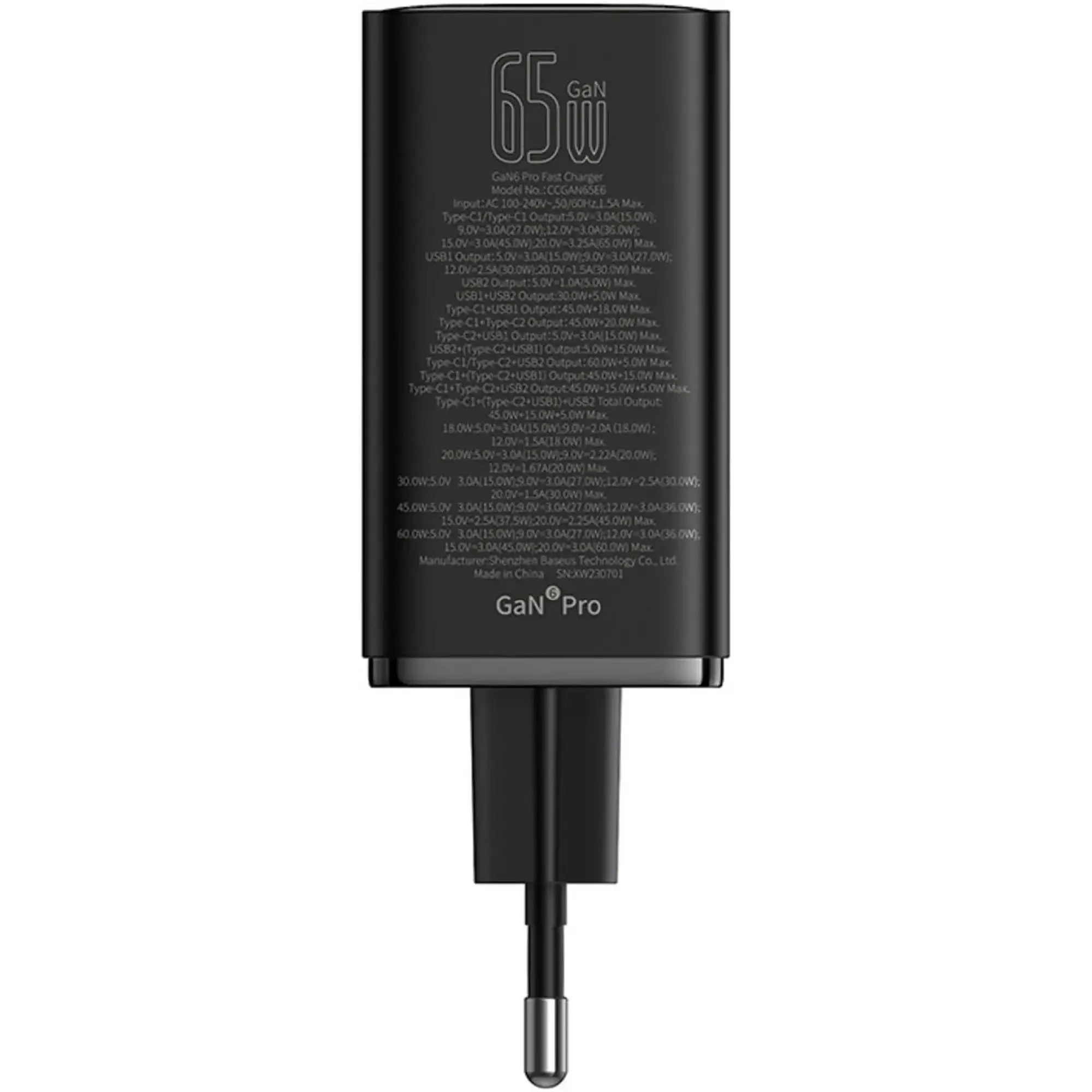 Купити Зарядний пристрій Baseus GaN6 Pro Fast Charger 2USB-C+2USB 65W EU ClusterBlack + кабель USB-C 100W 20V/5A 1m Black (P10162701113-00) - фото 3