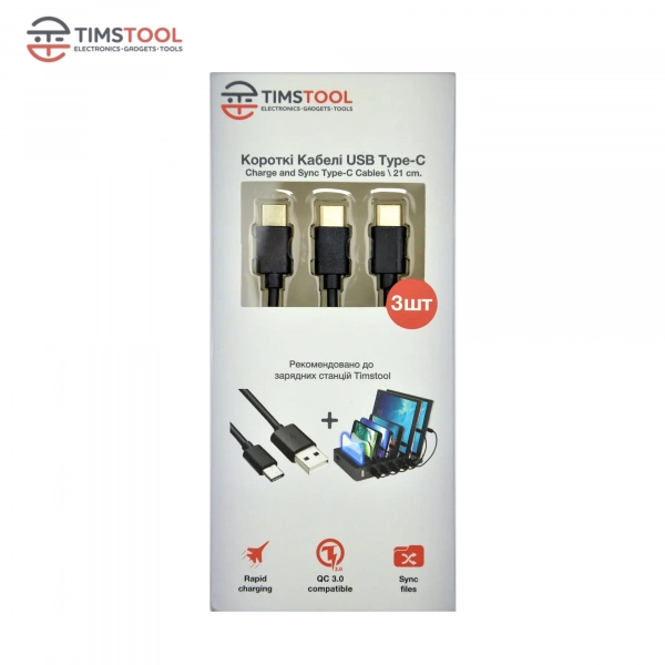 Купити Комплект кабелів Timstool USB to Type-С 0.21 м 3 шт Black - фото 2